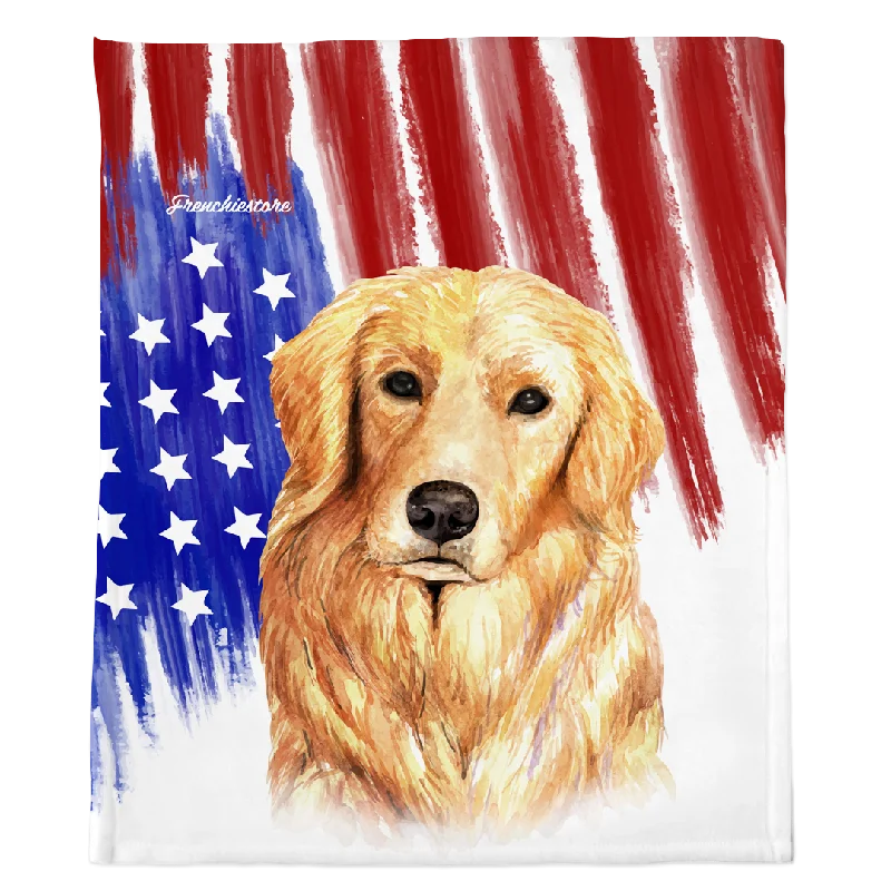 personalized pet ID tags engraved-Golden Retriever Dog Blanket | Patriotic dog in Watercolors