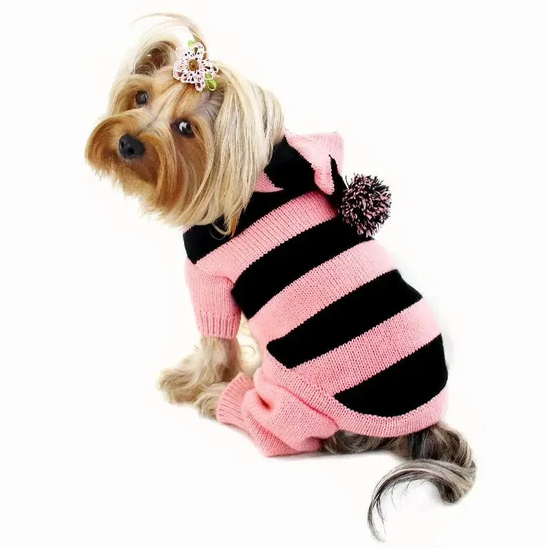 small pet travel cage portable-Stripy Bodysuit with Long Hoodie and Pompom