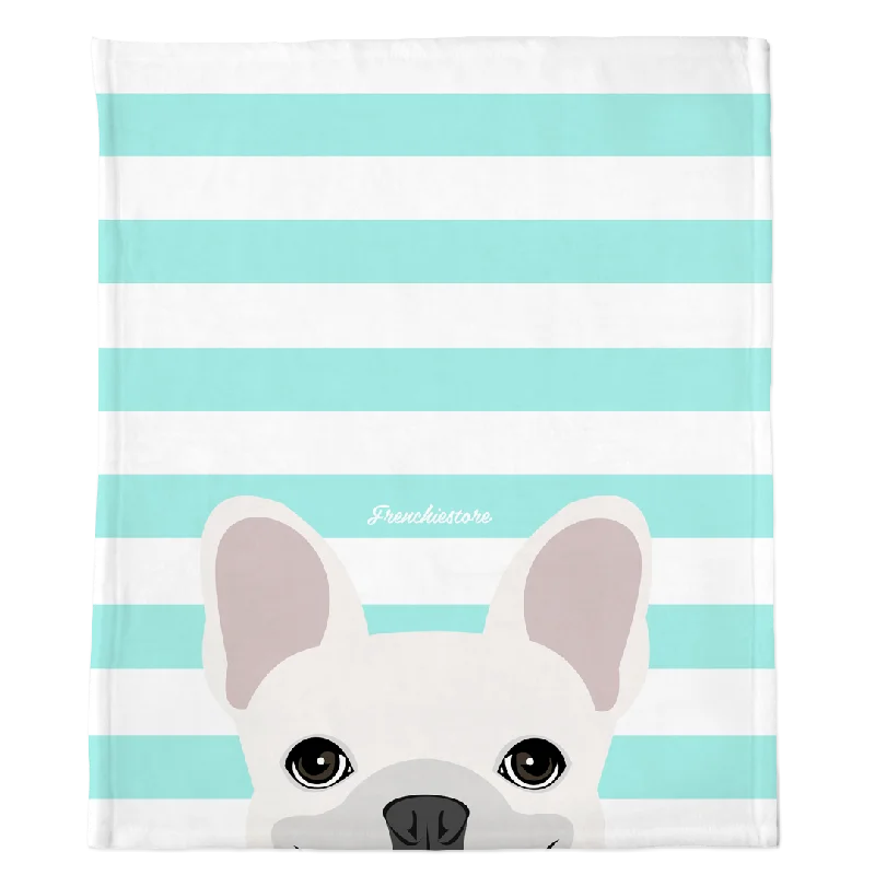 interactive dog toys for large dogs-White French Bulldog on Aqua Stripes | Frenchie Blanket