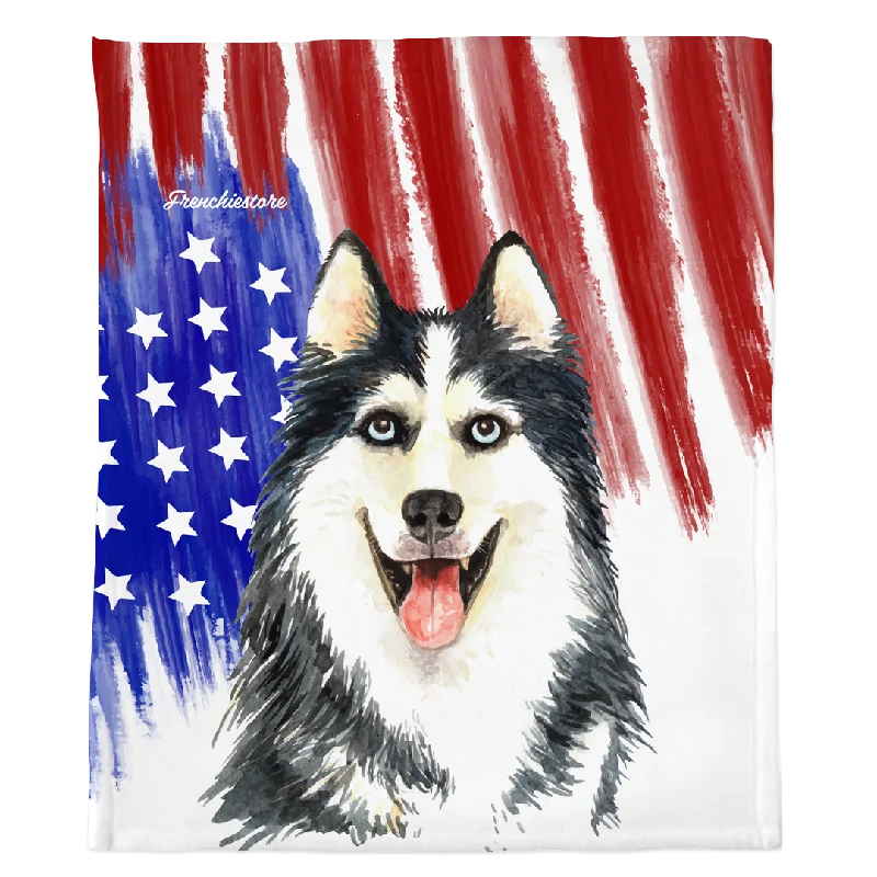 dog harness for hiking-Patriotic Siberian Husky Blanket | American dog in Watercolors