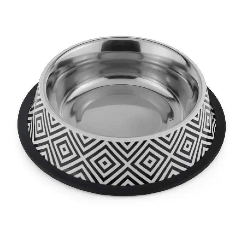 puppy chew bone natural-Pawpourri Steel Twiggy Striped Bowl for Dogs and Cats (Black/White)