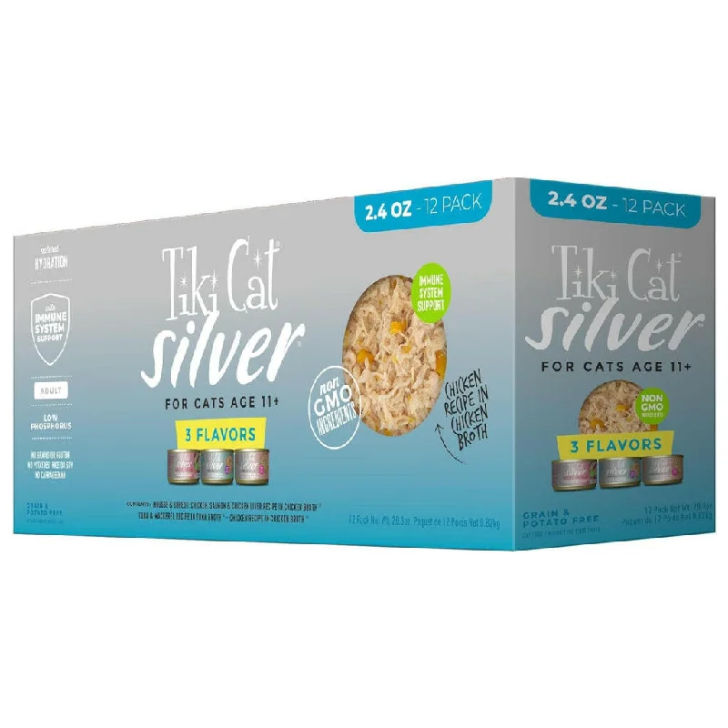 cat litter deodorizer natural-Tiki Cat Silver Grain-Free Wet Food For Cats - Variety Pack (2.4 oz x 12 pouches)