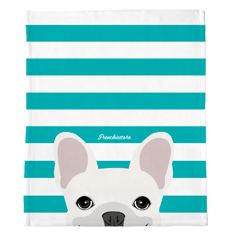 small pet travel cage portable-White French Bulldog on Teal Stripes | Frenchie Blanket