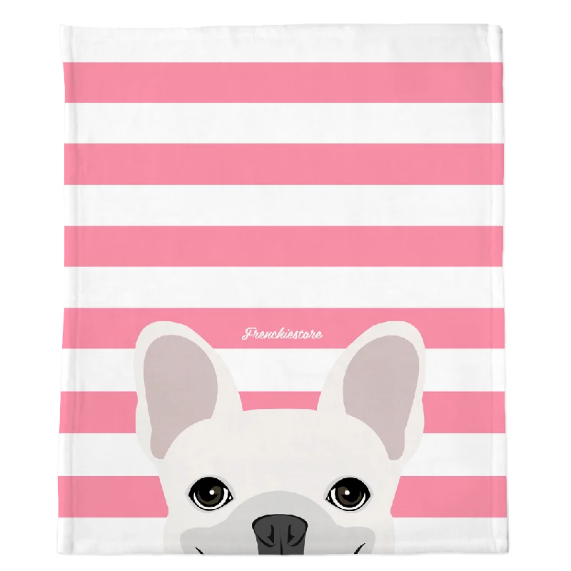 personalized pet ID tags engraved-White French Bulldog on Pink Stripes | Frenchie Blanket