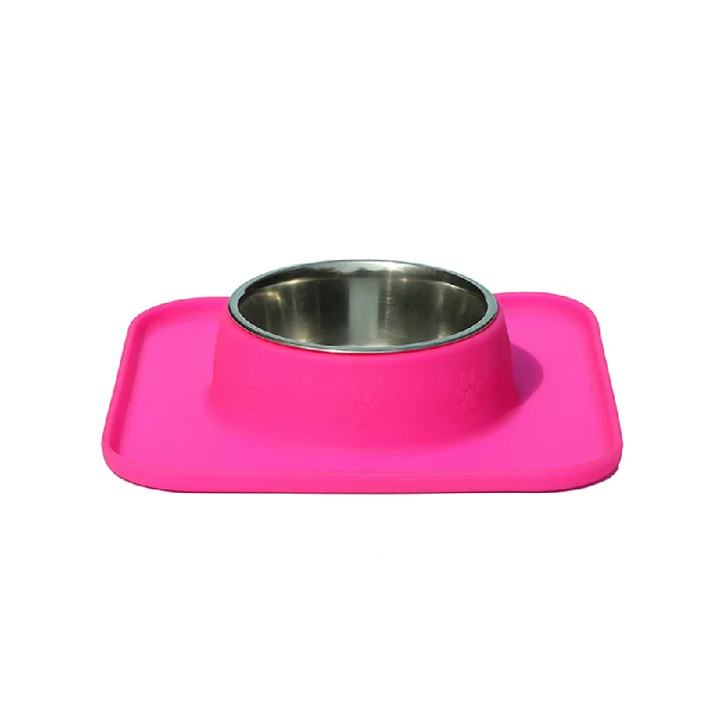 pet tracker chip with GPS-Square Silicon with Stainless Steel Pet Bowl-Hot Pink