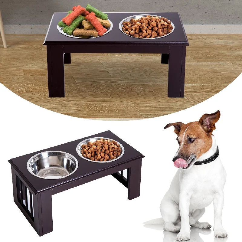 pet hair vacuum for couch-PawHut Stainless Steel Raised Dog Feeding Bowls with Stand for Small Medium Dogs Elevated Twin Pet Bowls Water Food Feeder 58.4L x 30.5W x 25.4H cm - Brown