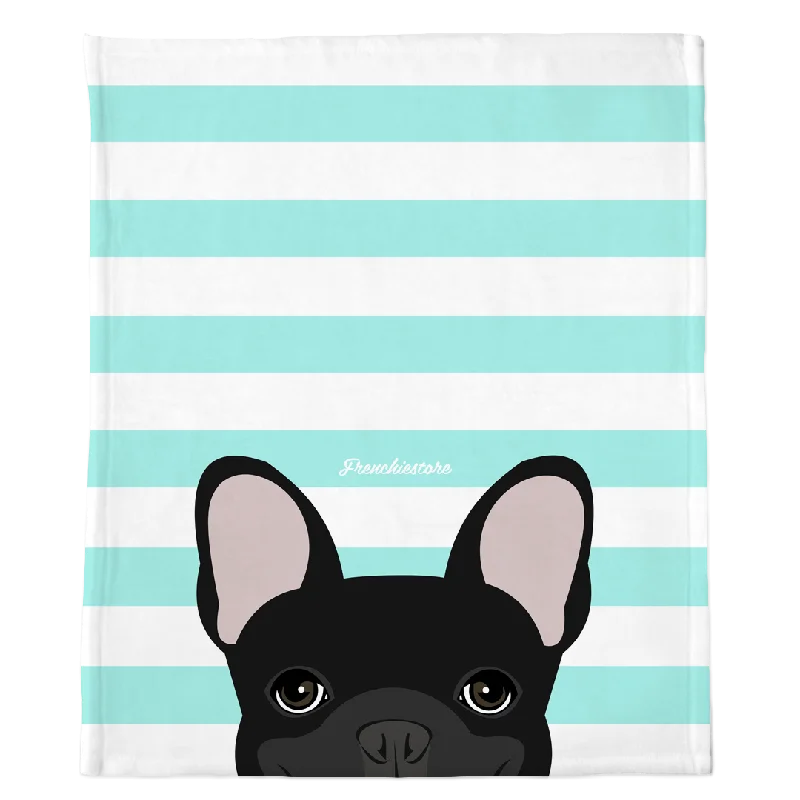 GPS dog collar with live tracking-Black French Bulldog on Aqua Stripes | Frenchie Blanket