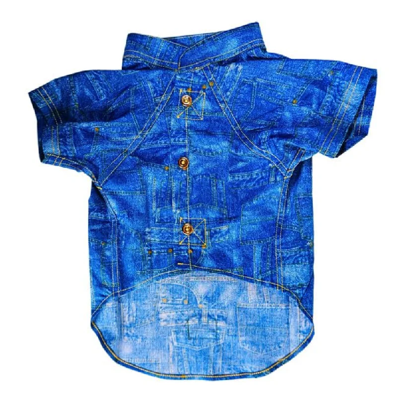 dog puzzle feeder for mental stimulation-Woofiezz Denim Dapper Shirt for Dogs and Cats (Blue)