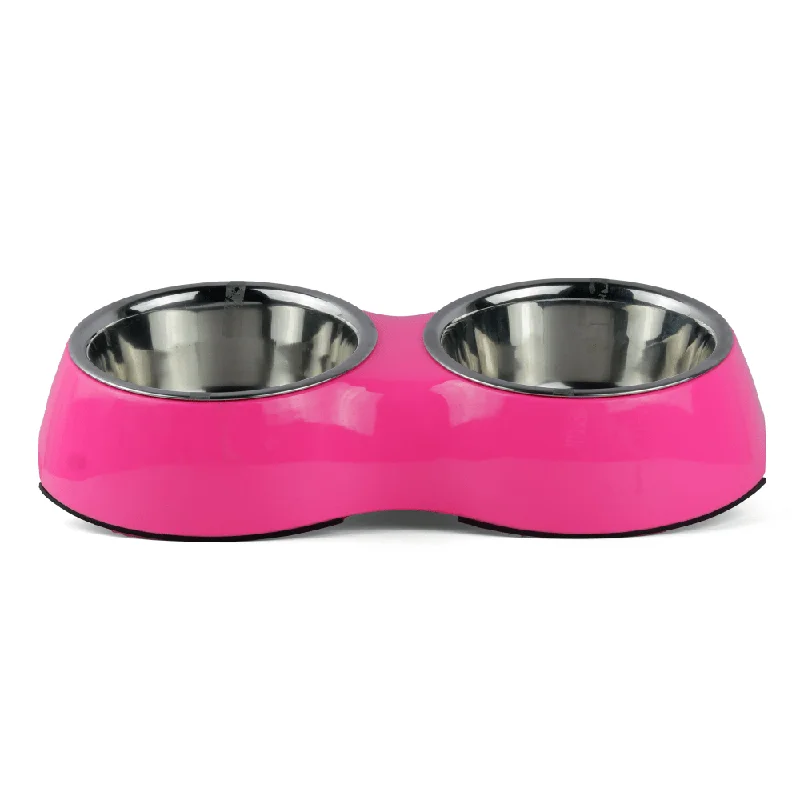 cat tunnel play toy collapsible-Basil Double Melamine Bowl Dinner Set for Dogs and Cats (Pink)