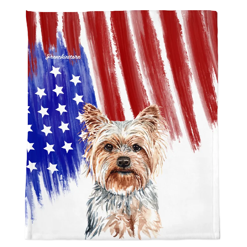 collapsible travel bowl for pets-Patriotic Yorkshire Terrier Blanket | American dog in Watercolors