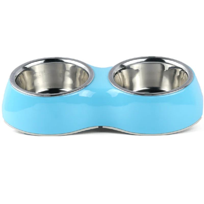 large parrot cage with stand-Basil Double Melamine Bowl Dinner Set for Dogs and Cats (Blue)