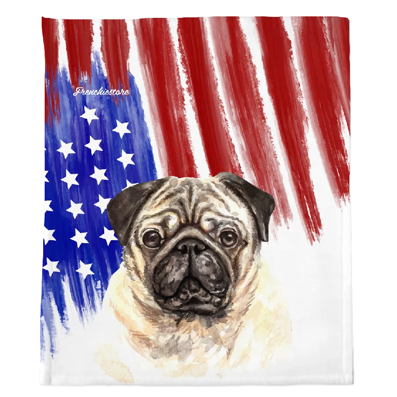 dog raincoat with hood-Patriotic Pug Blanket | American dog in Watercolors