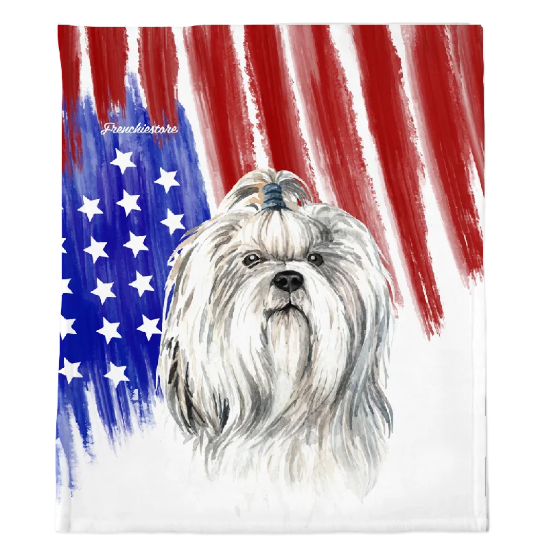 automatic water fountain for cats-Patriotic Shih Tzu Blanket | American dog in Watercolors