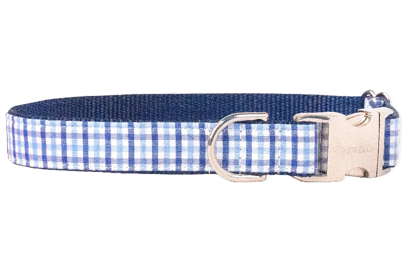 LED dog collar for night walks-Bennett Blue Gingham Dog Collar