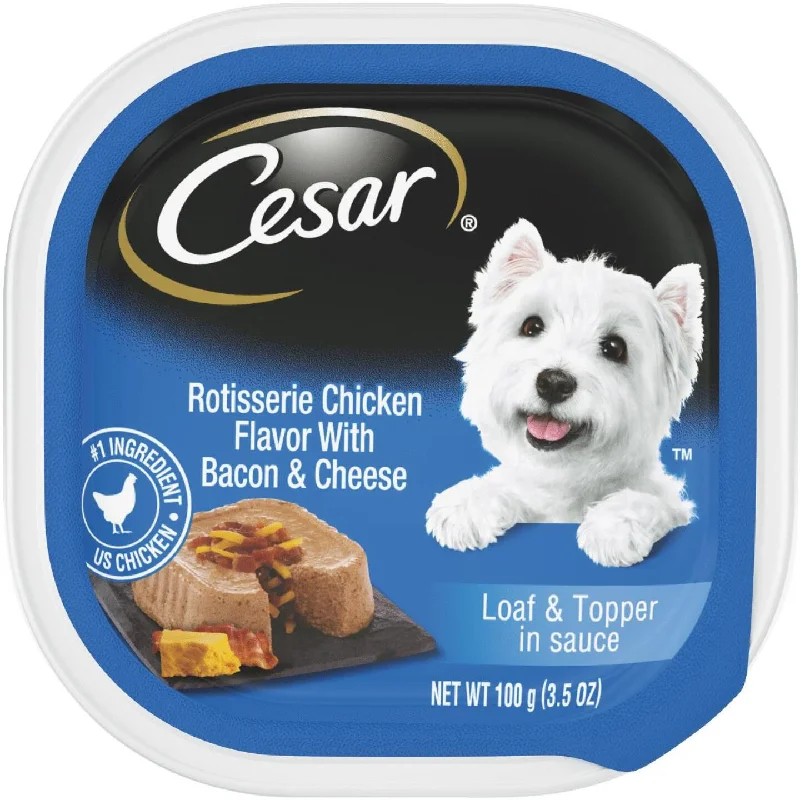 collapsible travel bowl for pets-Cesar Loaf & Topper Rotisserie Chicken with Bacon & Cheese Adult Wet Dog Food, 3.5 Oz.