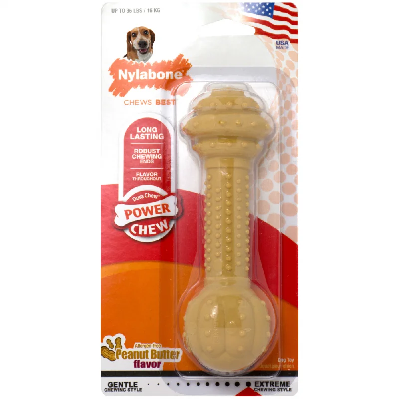 dog harness for hiking-Nylabone Durachew Barbell Peanut Butter Flavor Dog Chew Toy