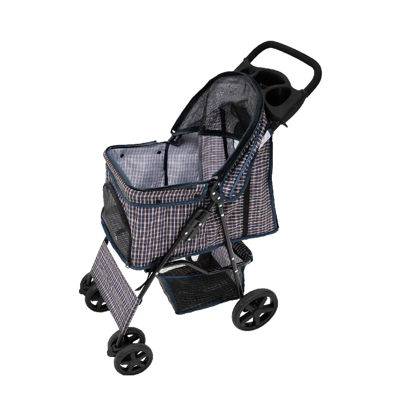 cat food dispenser automatic-Pet Stroller with Rain Cover – Blue Tartan