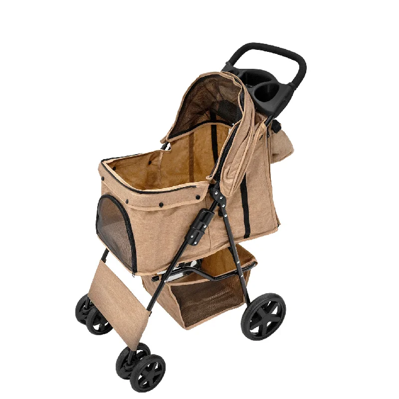 chew-proof rabbit water bottle-Pet Stroller with Rain Cover & Caddy Bag - Woven Beige