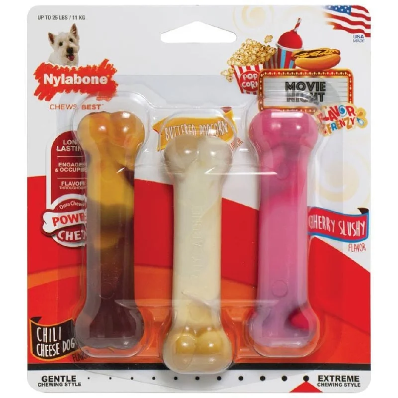 pet first aid kit for emergencies-Nylabone Flavor Frenzy Power Chew Triple Pack Chili Cheese Dog, Popcorn & Cherry