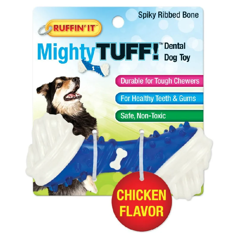 interactive laser toy for cats-Ruffin' It 80656 Mighty Tuff Spikey Ribbed Bone Dog Toy, Chicken Flavor