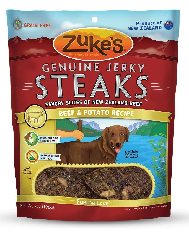 dog harness for hiking-Zukes Genuine Jerky Steaks Beef & Potato 7oz Dog Treats