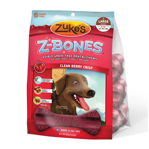 dog leash with waste bag holder-Zukes Z-Bones Clean Cherry Berry Large Dental Chews 6 Pack