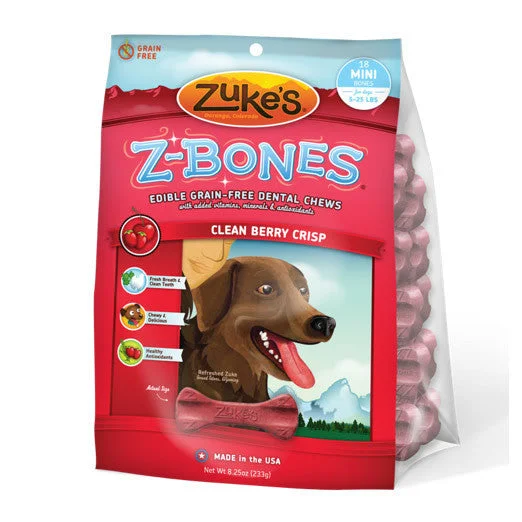 cat toy with motion sensor-Zukes Z-Bones Clean Cherry Berry Mini Dental Chews 18 Pack